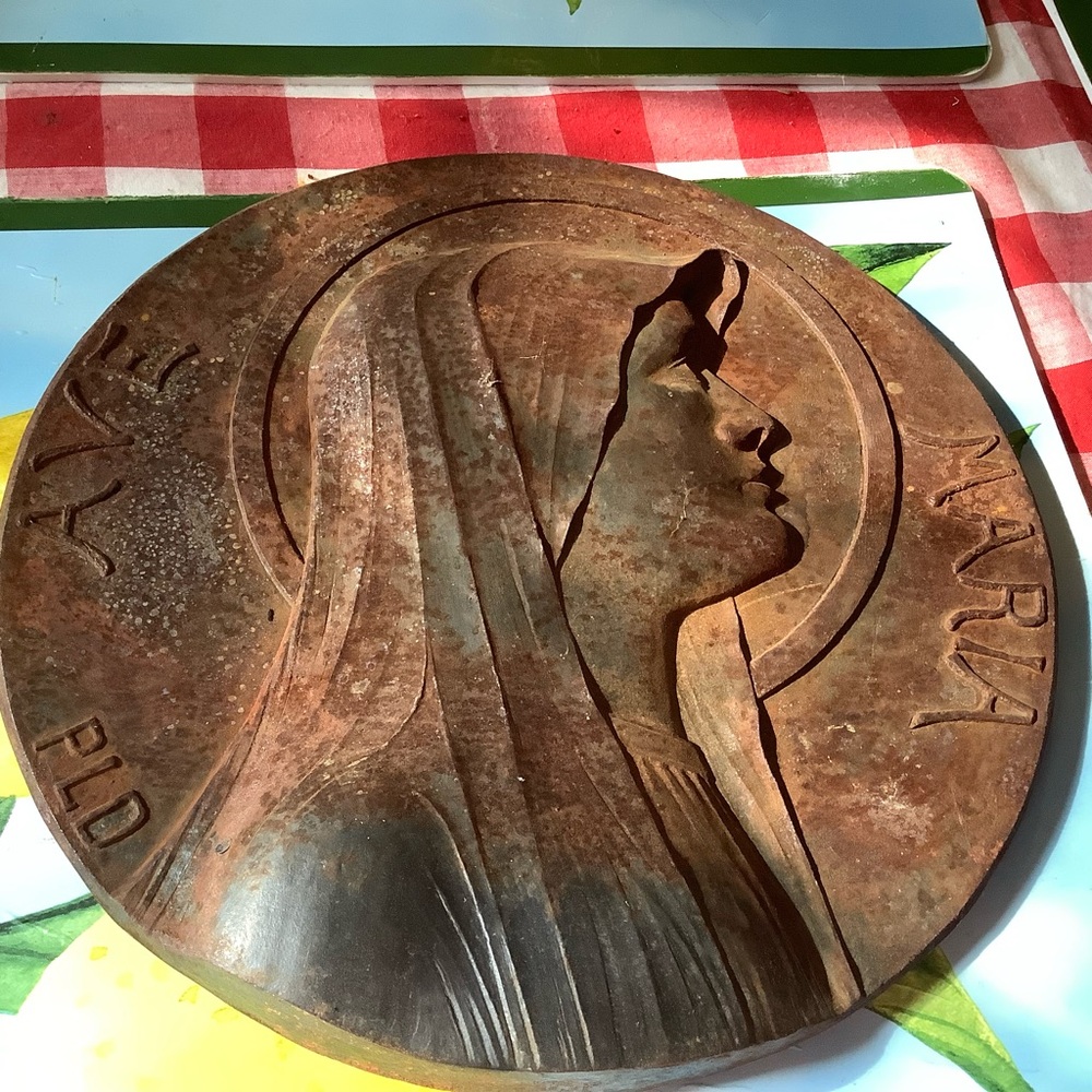 Vintage Heavy Round Metal Relief Religious Ave Maria Poland Plaque Decor 9.5”